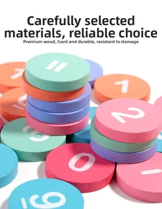 Detail of colorful wooden math blocks with printed numbers and arithmetic symbols