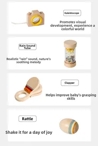 Montessori wooden toy set including rainmaker, castanet, and egg shaker for sensory play