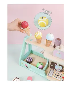 Detail view of magnetic wooden ice cream toys with interactive display stand and cashier