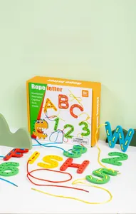 Macro detail of colorful wooden letter blocks and threading rope for fine motor skills