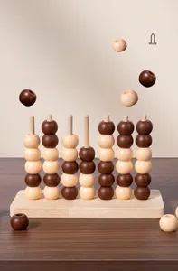 Detailed view of wooden 4 in a row board game with brown and beige beads on timber base