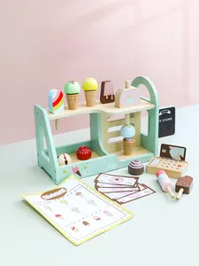 Detail view of wooden ice cream shop toy set with register and colorful popsicles