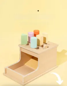 Macro detail of Montessori wooden shape sorter with colorful geometric blocks for toddlers