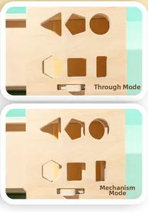 Detail of wooden Montessori geometry puzzle showing six shapes and sliding function mode