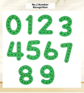 Detail showing bright green foam numbers 0-9 with black dots for counting skills
