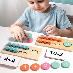 Wooden ten-frame math toy set with colorful pegs and number cards for kids' learning