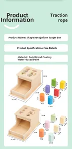 Detailed size specifications of Montessori wooden shape sorter box with colorful geometric blocks