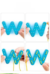 Detail showing threading steps for the blue letter W wooden educational block toy