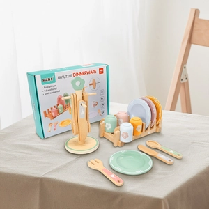 Wooden kids play kitchen tableware set with colorful plates cups and drying rack