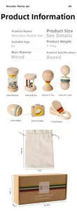 Detailed view of 7-piece wooden baby rattle set with storage bag and gift box