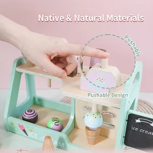 Kids wooden ice cream shop playset with mint green stand and colorful macaron scoops