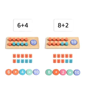Wooden ten-frame math toy with colorful counting pegs and number cards for kids