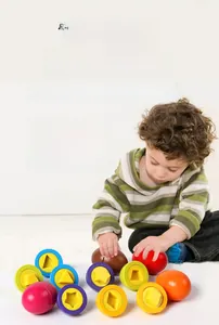 Detailed close-up of colorful geometric shape matching eggs for preschool early learning