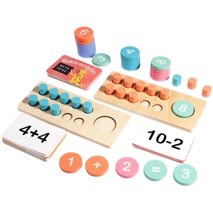 Wooden ten-frame math toy set with colored pegs and addition subtraction cards