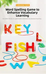 Detail of wooden letter blocks with threading rope for fine motor skills and spelling