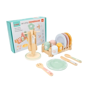 Wooden play kitchen tableware set with Morandi colored cups and storage rack for kids