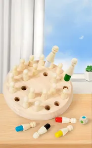 Detail of wooden memory chess with colorful pegs and dice for concentration training