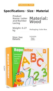 Detailed view of wooden alphabet and number threading blocks in its original packaging
