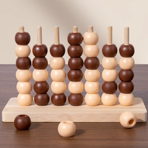 Educational wooden four-in-a-row board game for kids featuring natural wood beads and base