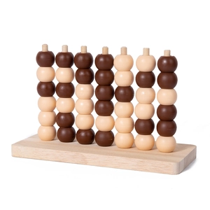 3D wooden four-in-a-row board game with natural brown and beige counting beads