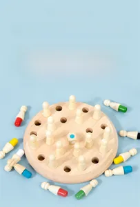 Detailed view of colorful wooden memory chess pieces with a round natural timber base