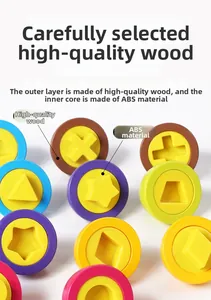 Detail view of colorful geometric ABS plastic shapes inside wooden rings for early learning