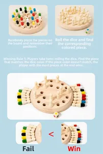 Detail of wooden memory chess game with 24 colorful pegs and dice for kid's early learning