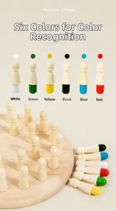 Detail of wooden memory chess with colorful pegs and round board for memory training