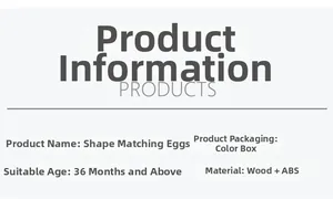Detailed specifications for wooden shape matching eggs toy with ABS material info