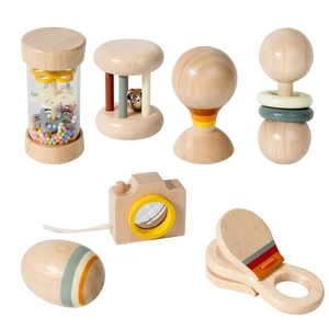 Eco-friendly 7-piece wooden baby rattle set for sensory development and grip training