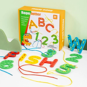 Educational wooden alphabet and number threading blocks for toddlers' fine motor training