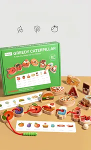 Close-up of wooden hungry caterpillar lacing toy with food blocks and learning cards