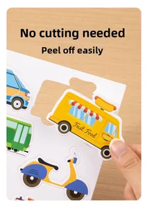 Detailed view of pre-cut cartoon vehicle cards for DIY manual assembly and crafts