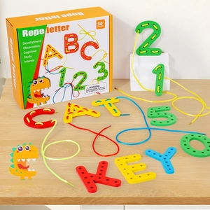Colorful wooden alphabet and number threading block toy set with yellow storage box