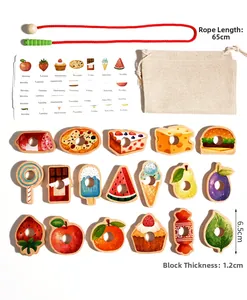 Detailed set of wooden caterpillar lacing toy with fruit blocks and cotton storage bag