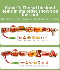 Lacing beads set showing wooden food pieces and caterpillar threading string for kids