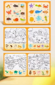 Detail of kids educational coloring book showing insect and dinosaur stickers with English names