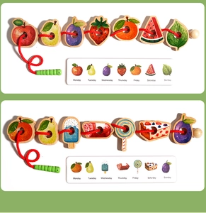 Educational wooden caterpillar threading toy with colorful fruits and sequence cards