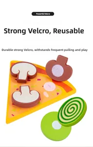 Detail of wooden play pizza set featuring durable Velcro fasteners for realistic slicing