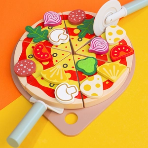 Kinder-Holz-Pizza-Set für Spielküche mit buntem Belag und Schneidezubehör aus Holz