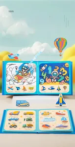 Detail of children's reusable water coloring book showing vehicle stickers and pen