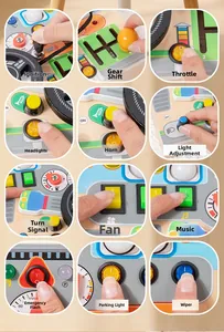 Detailed views of interactive gear shifts and buttons on a wooden busy board steering toy