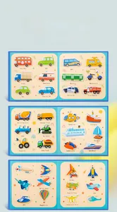 Detailed educational quiet book page featuring various labeled cartoon vehicles for kids