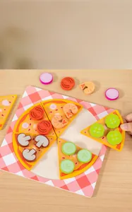 Detailed view of children's wooden pizza toy set with velcro toppings on a grid tray