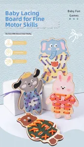 Detail of wooden animal lacing cards for fine motor skills and toddler early learning