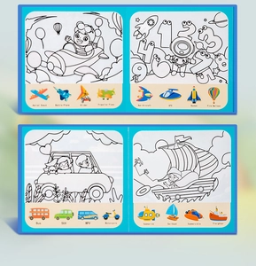 Detail of magic water drawing book pages with vehicles and space themes for early learning