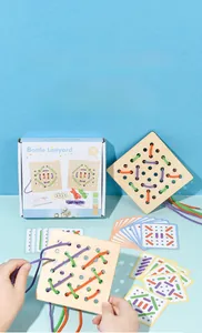 Detailed close-up of children's wooden lacing game with colorful cords and task cards