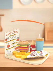 Vue macro de l'ensemble de jouets burger en bois réaliste avec frites sur plateau