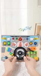Macro detail of wooden cockpit busy board with steering wheel and gear shift