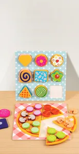 Detail of wooden pizza food puzzle and shape sorter board for toddlers' early education